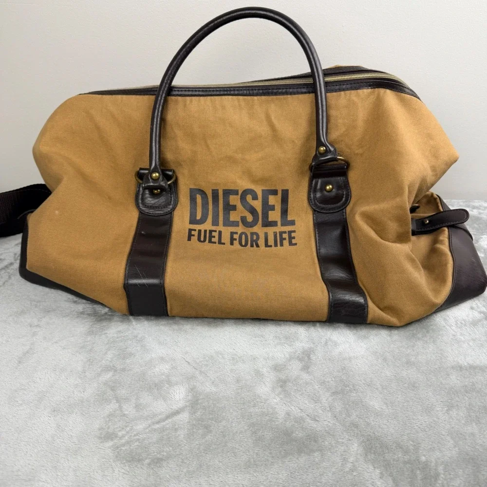Diesel Fuel For Life Canvas Duffle Bag Brown Tan Weekender Travel Carry On